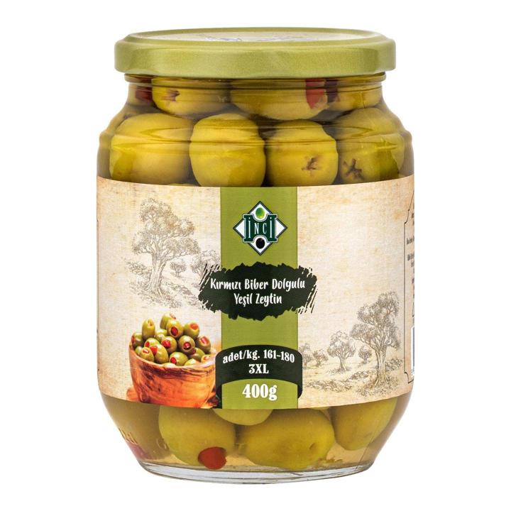 İnci Kırmızı Biber Dolgulu Yeşil Zeytin 400 Gr