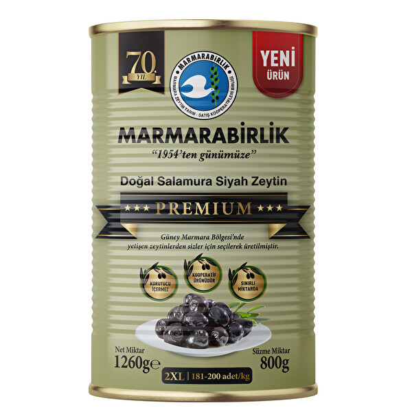 Marmarabirlik Premium Siyah Zeytin 181-200 Kalibre 2XL 800 Gr