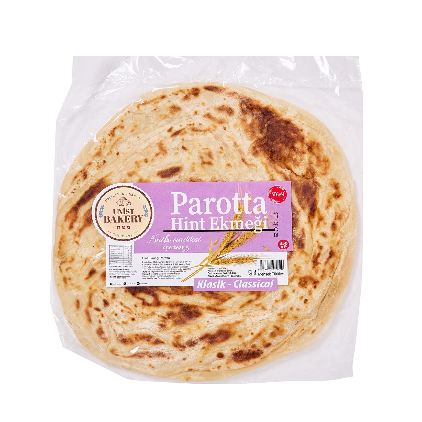 Unist Bakery Parotta Sade 350 Gr
